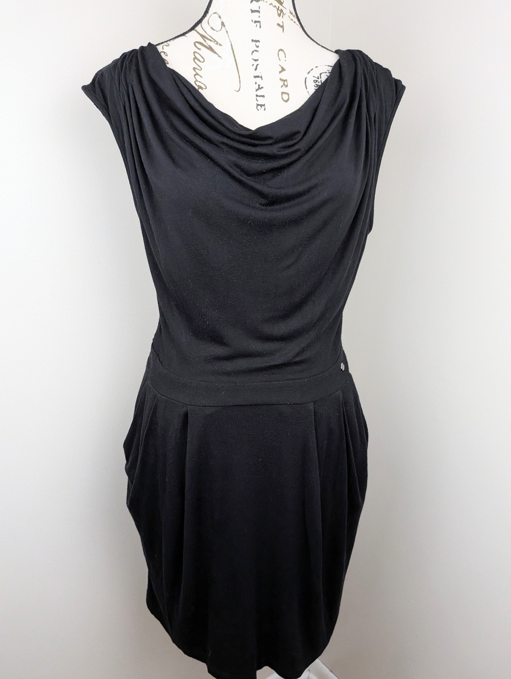 Guess Black Short Lace Back Detail Dress Draped Cowl Neckline Cocktail Large